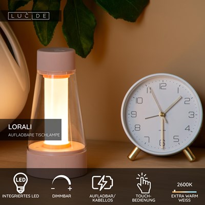 Lucide LORALI - wiederaufladbare Tischlampe Innen/Außen - Akku/Batterie - Ø 7,7 cm - LED Dim. - 1x1,2W 2600K/3000K - IP44 - Rosa